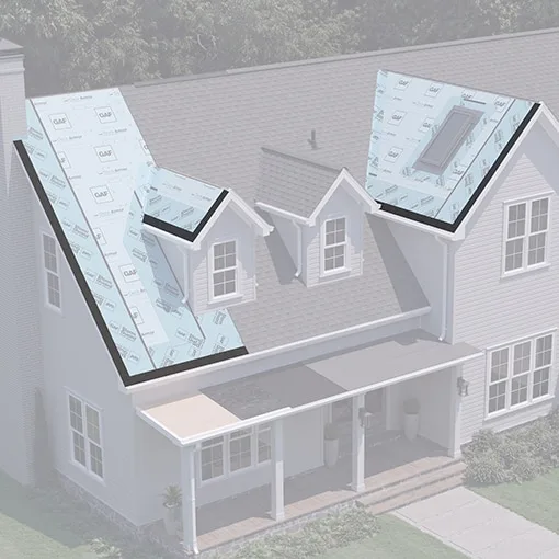Rendering of a house roof shows black starter strips along edges beneath shingles.